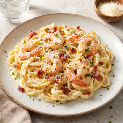 Creamy shrimp carbonara pasta with crispy bacon and Parmesan