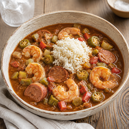 Louisiana-style shrimp and andouille sausage gumbo with rice and okra