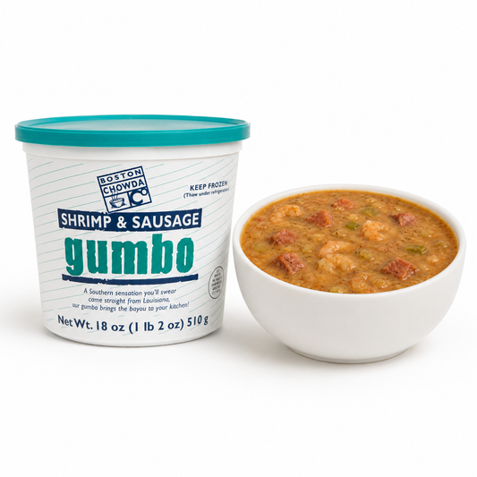 Boston Chowda Shrimp and Sausage Gumbo retail container beside a prepared bowl of gumbo.