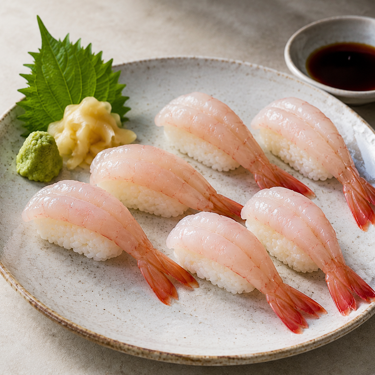 Amaebi sweet shrimp nigiri with wasabi, ginger and soy sauce