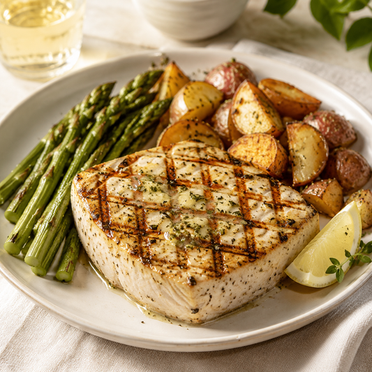 Grilled Pacific swordfish steak with lemon herb butter and vegetables
