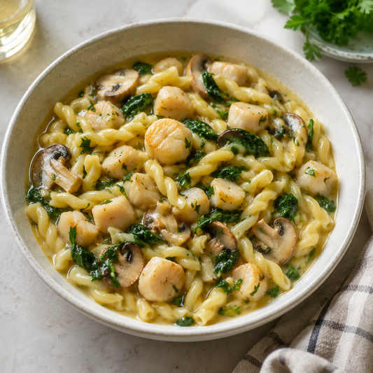 Tuscan bay scallops with gemelli pasta, spinach and mushrooms
