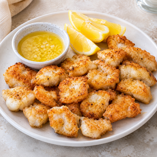 Pan-fried walleye cheeks with lemon, garlic butter and fresh herbs