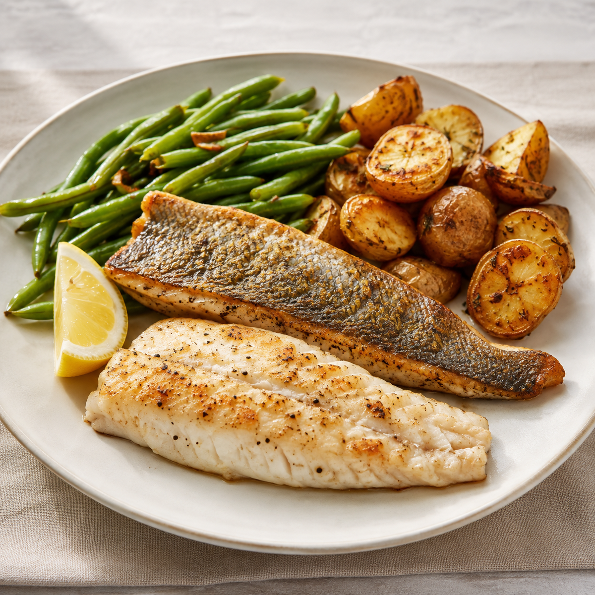 Crispy-skin Great Lakes walleye fillets with lemon and vegetables