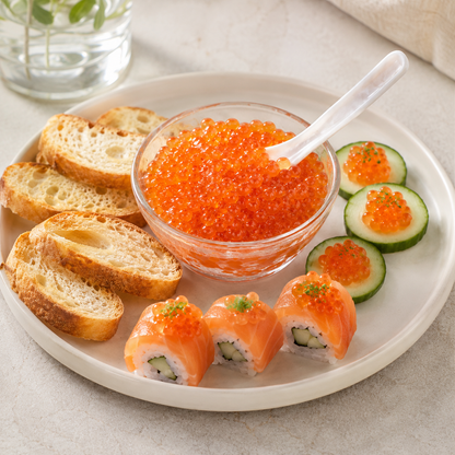 Wild Alaskan pink salmon caviar served on crostini and sushi