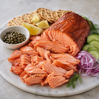 Michigan wood-smoked Great Lakes salmon with crackers, lemon and capers