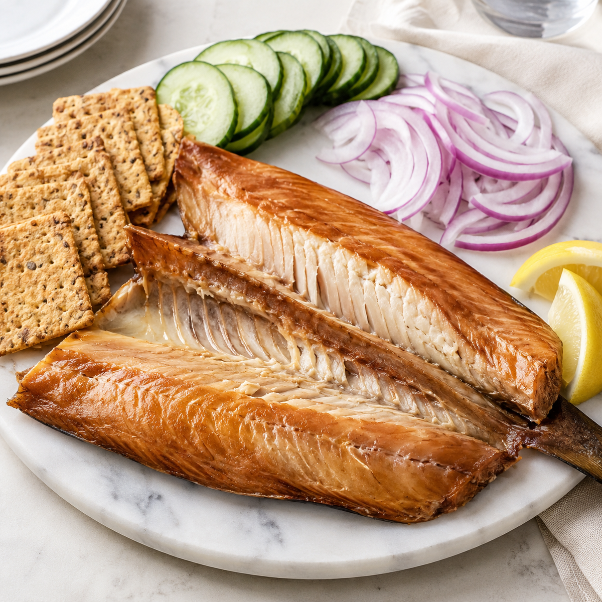 Michigan wood-smoked Great Lakes whitefish with crackers, lemon and vegetables