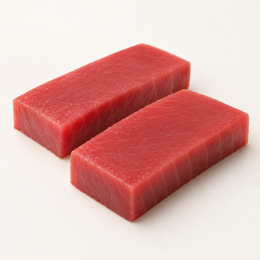Two sashimi-grade yellowfin tuna saku blocks, 8 oz each